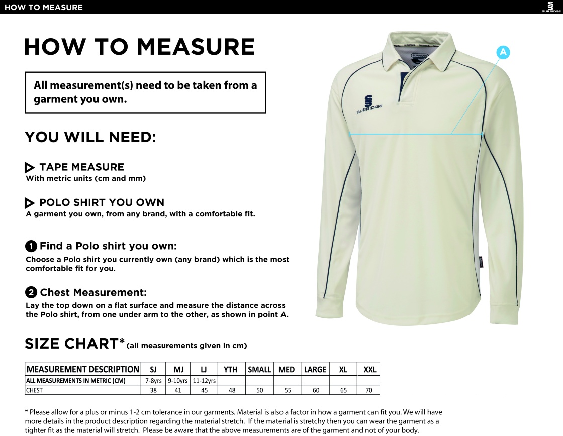 Kinross-shire CC - Premier Long Sleeve Maroon Trim Shirt - Size Guide
