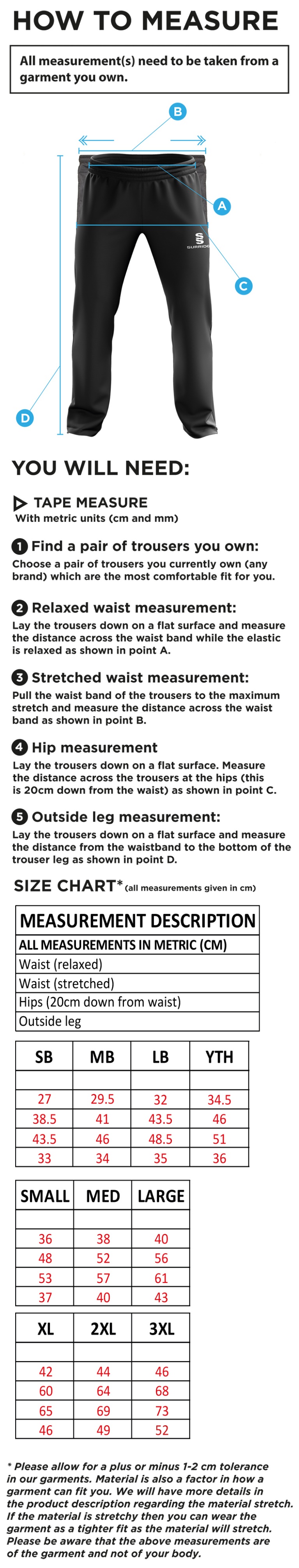 KINROSS-SHIRE CC Rip Stop Track Pant : Navy - Size Guide