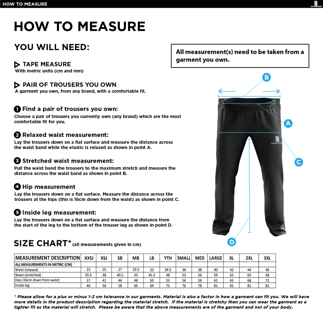 KINROSS-SHIRE CC Classic Tracksuit Pant 3/4 Zip Length Navy Mens - Size Guide