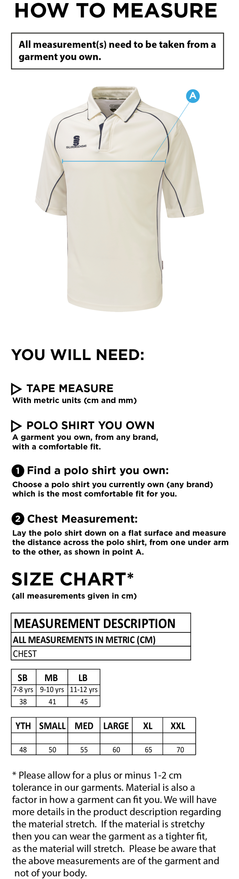 Kinross-shire CC - Premier 3/4 Sleeve Maroon Trim Shirt - Size Guide