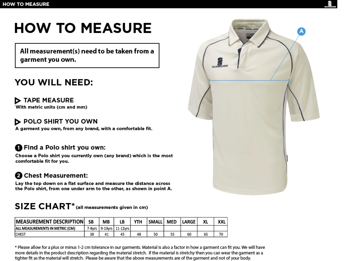 Kinross-shire CC - Premier 3/4 Sleeve Maroon Trim Shirt - Size Guide