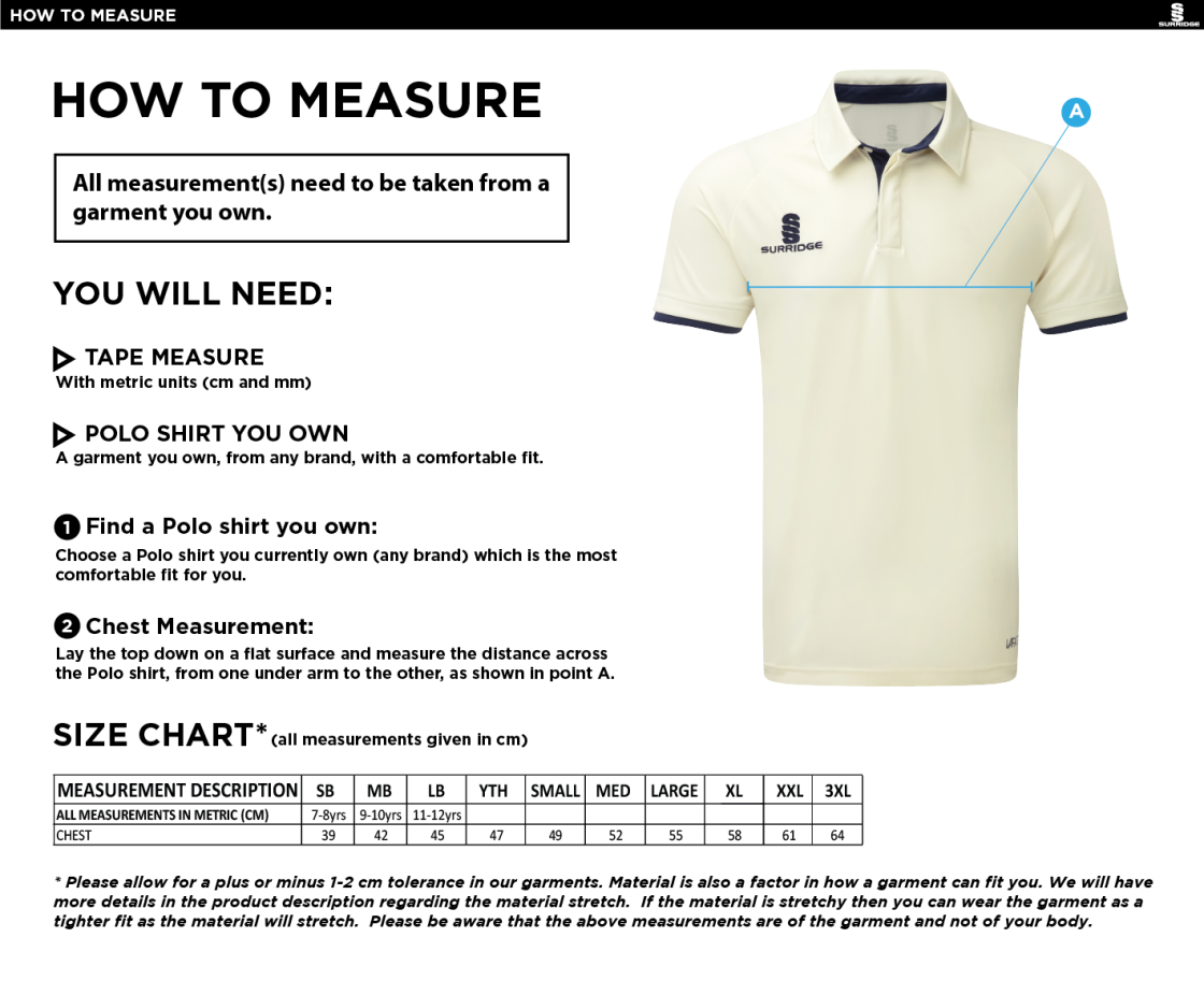 Kinross-Shire CC - Ergo Short Sleeve Maroon Trim Shirt - Size Guide