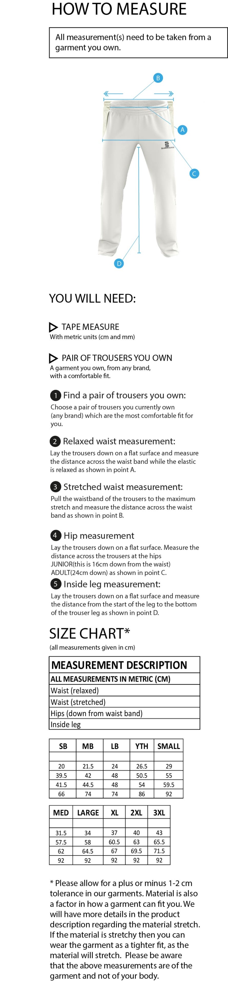 Kinross-shire CC - Standard Playing Pant - Size Guide