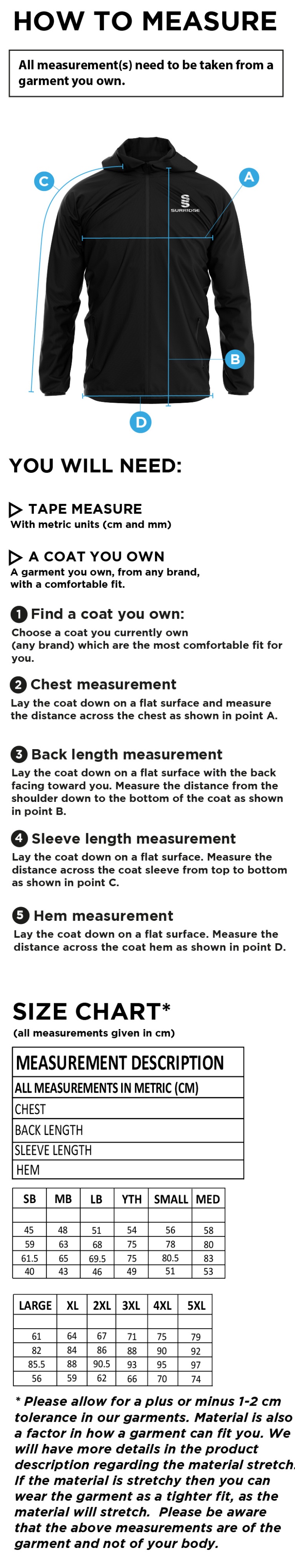 Kinross-shire CC - Training Jacket - Size Guide