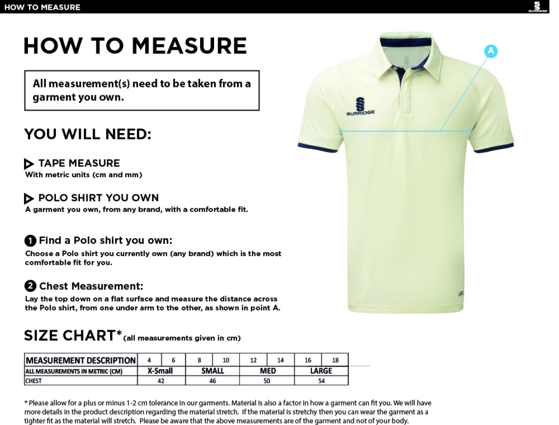 KINROSS-SHIRE CC Dual Cricket Shirt Short Sleeve Womens - Size Guide