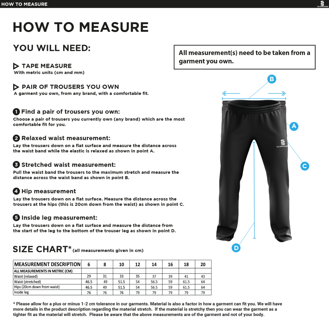 KINROSS-SHIRE CC Classic Tracksuit Pant 3/4 Zip Length Navy Female - Size Guide