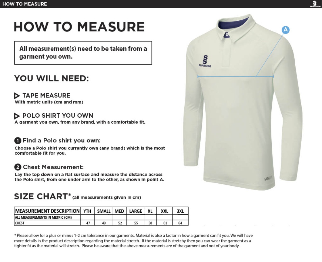 Kinross-Shire CC - Ergo Long Sleeve Maroon Trim Shirt - Size Guide