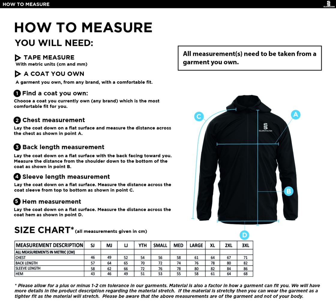 KINROSS-SHIRE CC Dual Elite 1/4 Zip Hoody / Rain Jacket : Navy - Size Guide