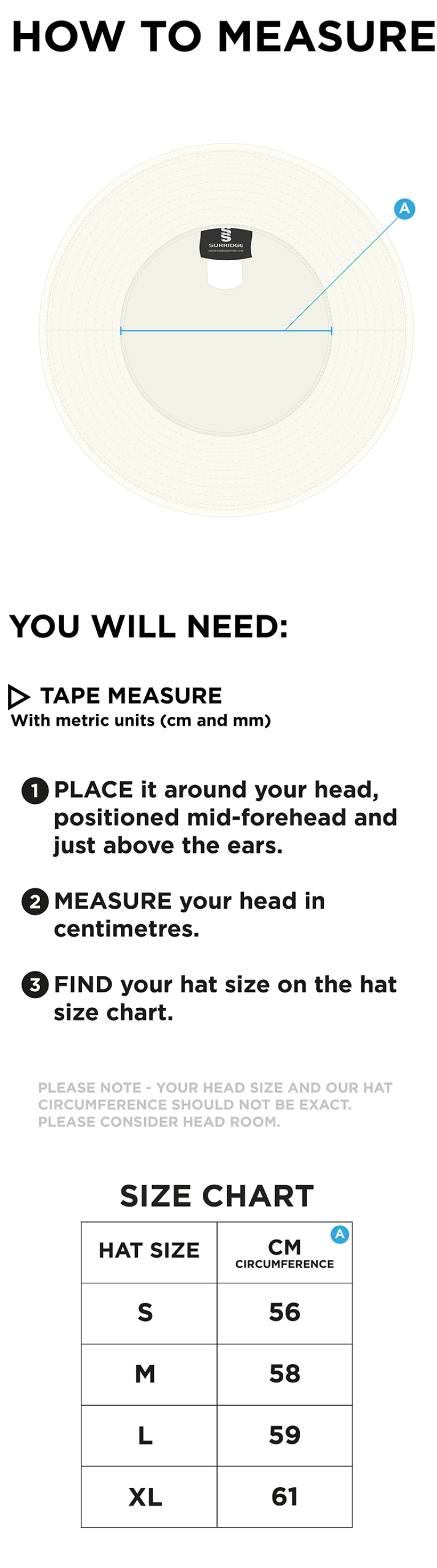 KINROSS-SHIRE CC Floppy Hat - Ivory - Size Guide