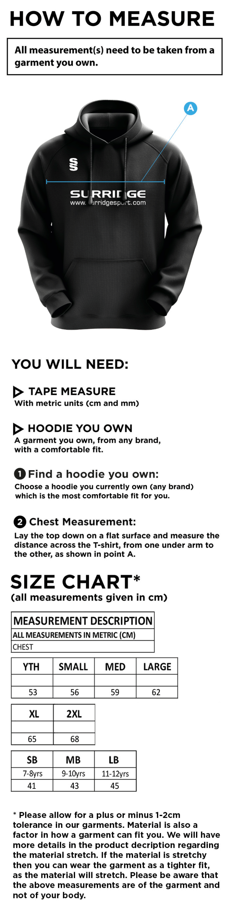 Kinross-shire CC - Blade Hoody - Size Guide