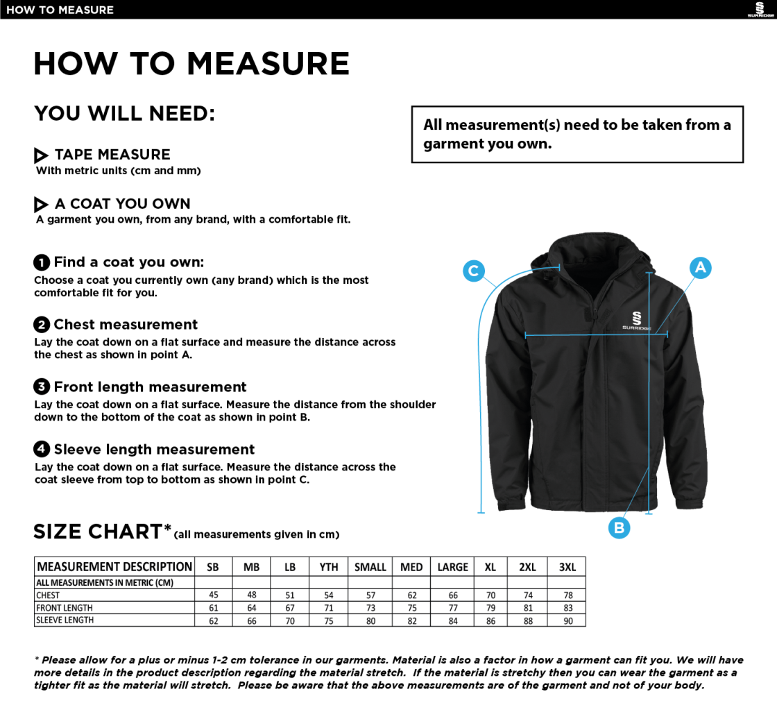 Kinross-shire CC - Fleece Line Jacket - Size Guide