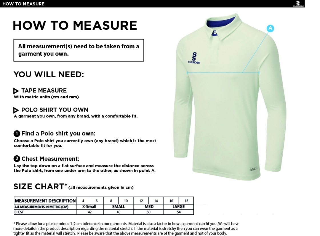KINROSS-SHIRE CC DUAL LONG SLEEVE CRICKET SHIRT (WOMENS)-Ivory - Size Guide