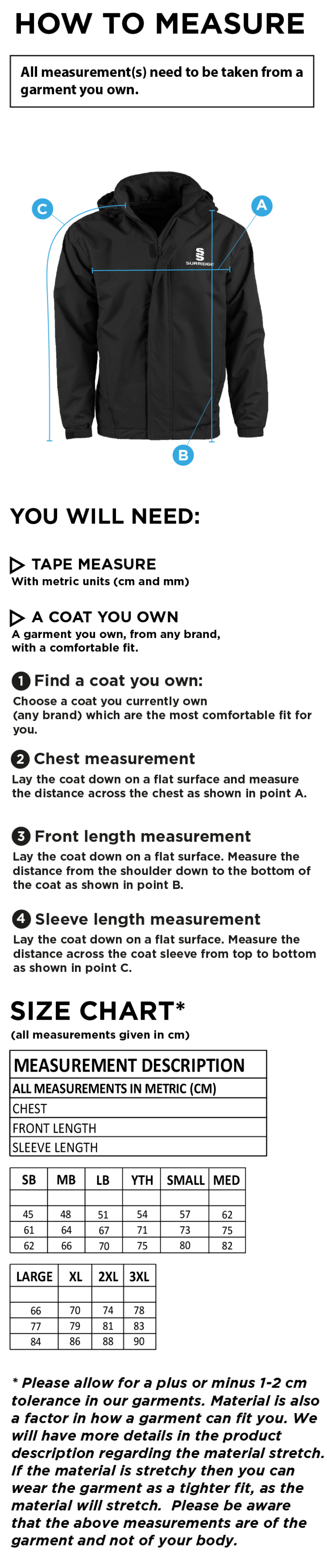 Kinross-shire CC - Fleece Line Jacket - Size Guide